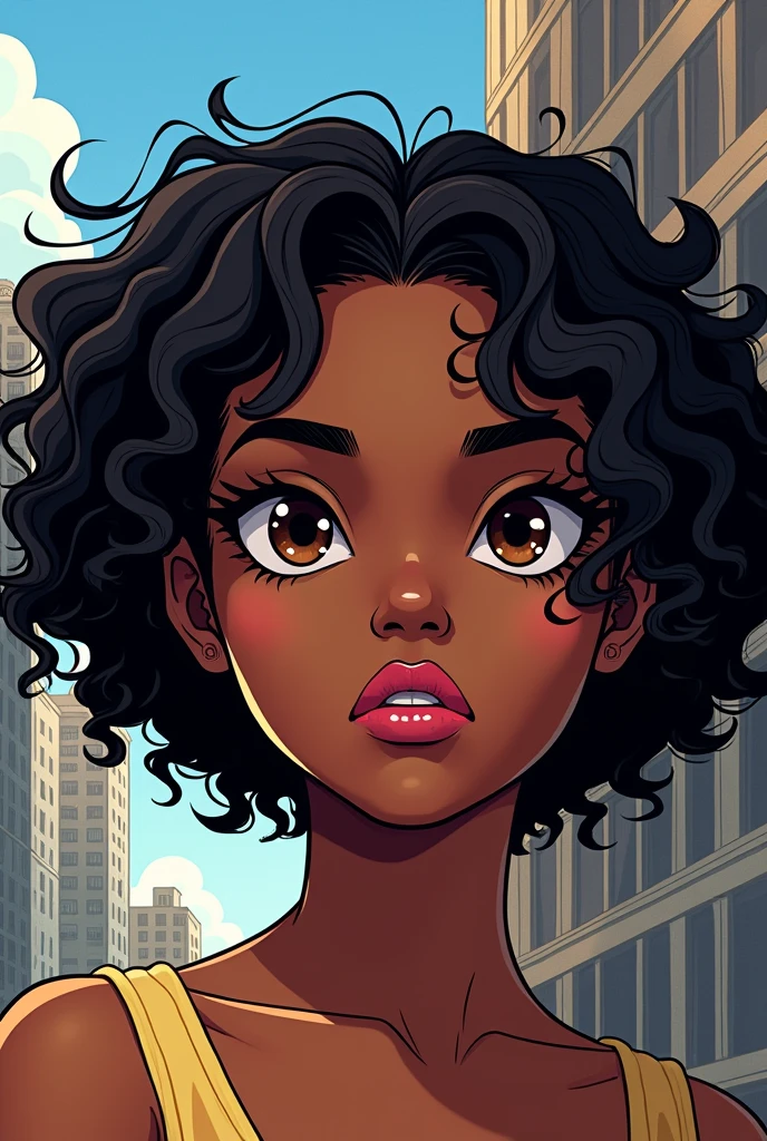 create an image of a 15-year-old teenage girl with dark skin and curly black hair, large dark brown eyes, a large pink mouth with well-defined cheekbones and a slightly large nose, the image must be made with DC comics lines, E no fundo, some buildings