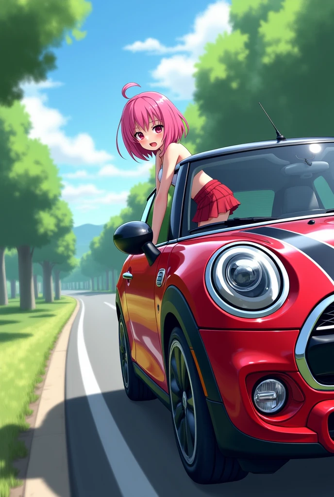 Short pink haired anime girl in red mini cooper S