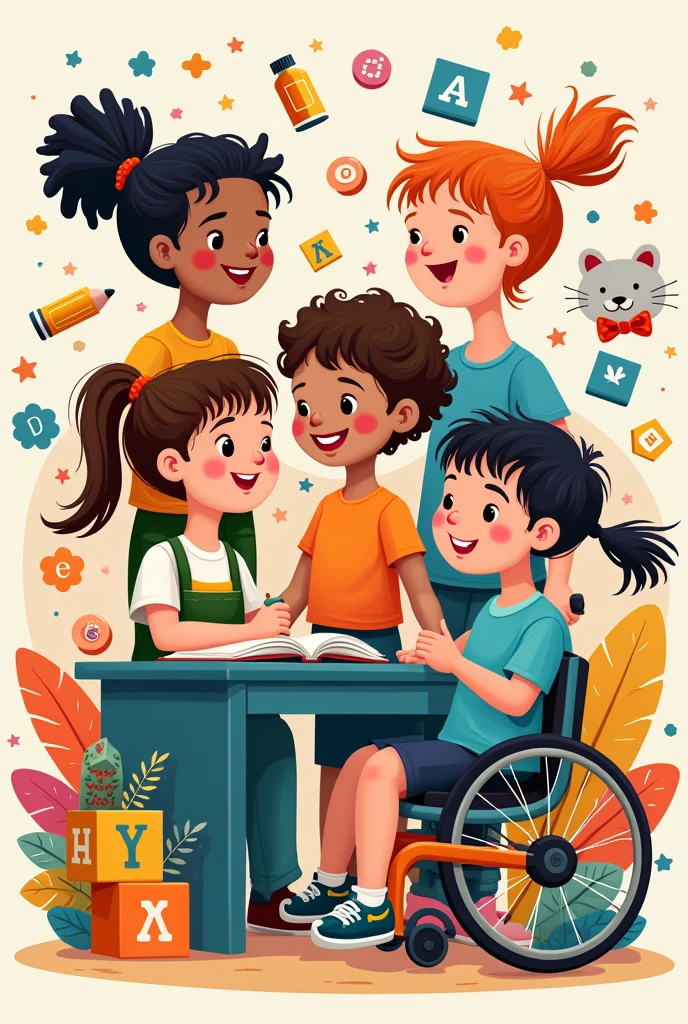 A shirt that shows children with disabilities and elements of special education, in a colorful way, addressing the inclusion of this group.