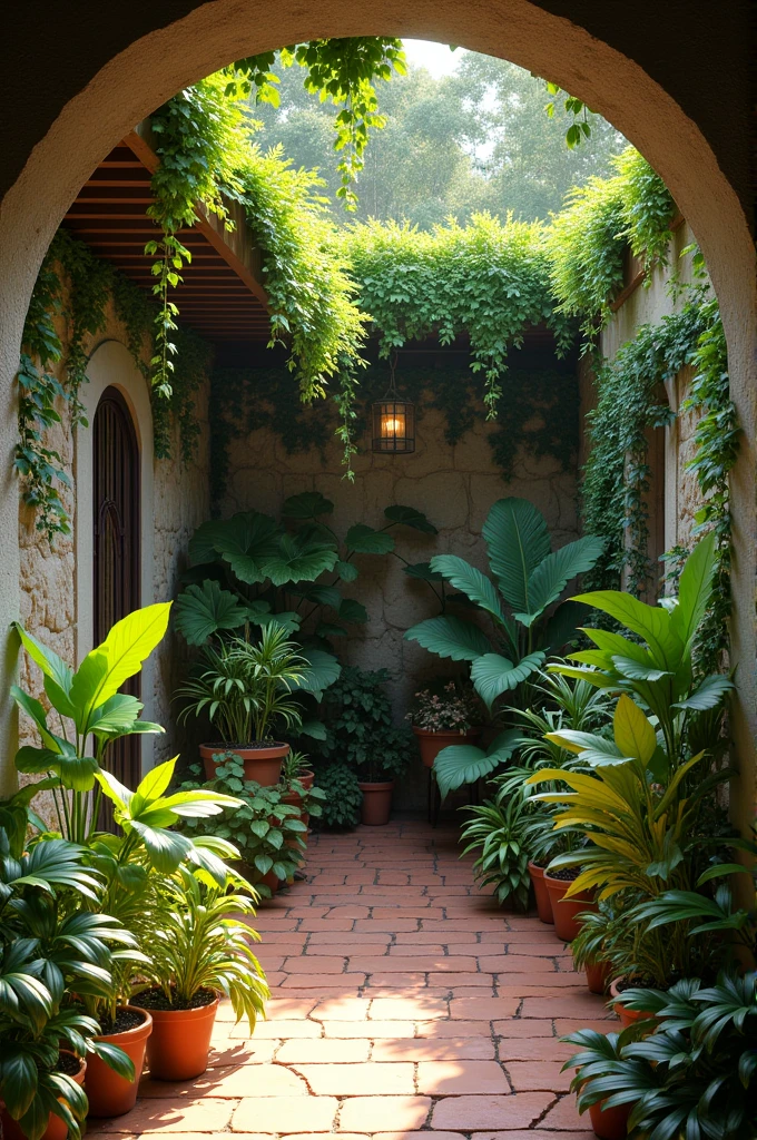 Make me a small patio decorated with the plants alternantera devil's backbone and tree of plenty