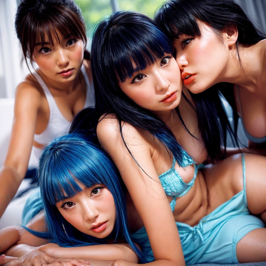 A woman with blue hair and Asian eyes with bangs、Kissing a dark-haired Japanese woman