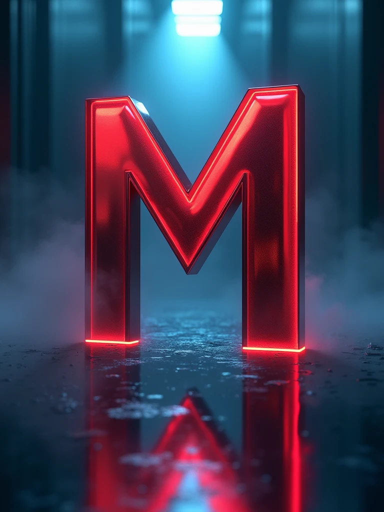 Create an image featuring a blurred dark background with a prominent, sharp metallic vibrant colors letter 'Mnever' in the foreground, placed on a reflective surface that creates a subtle mirror effect of the letter.