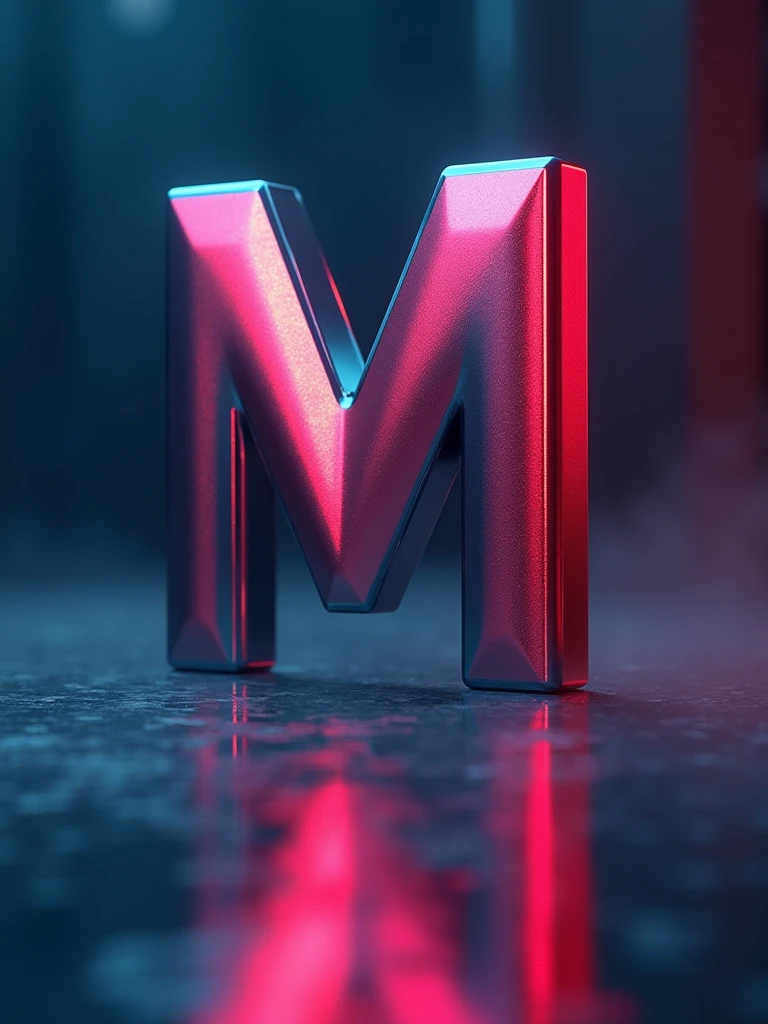 Create an image featuring a blurred dark background with a prominent, sharp metallic vibrant colors letter 'Mnever' in the foreground, placed on a reflective surface that creates a subtle mirror effect of the letter.