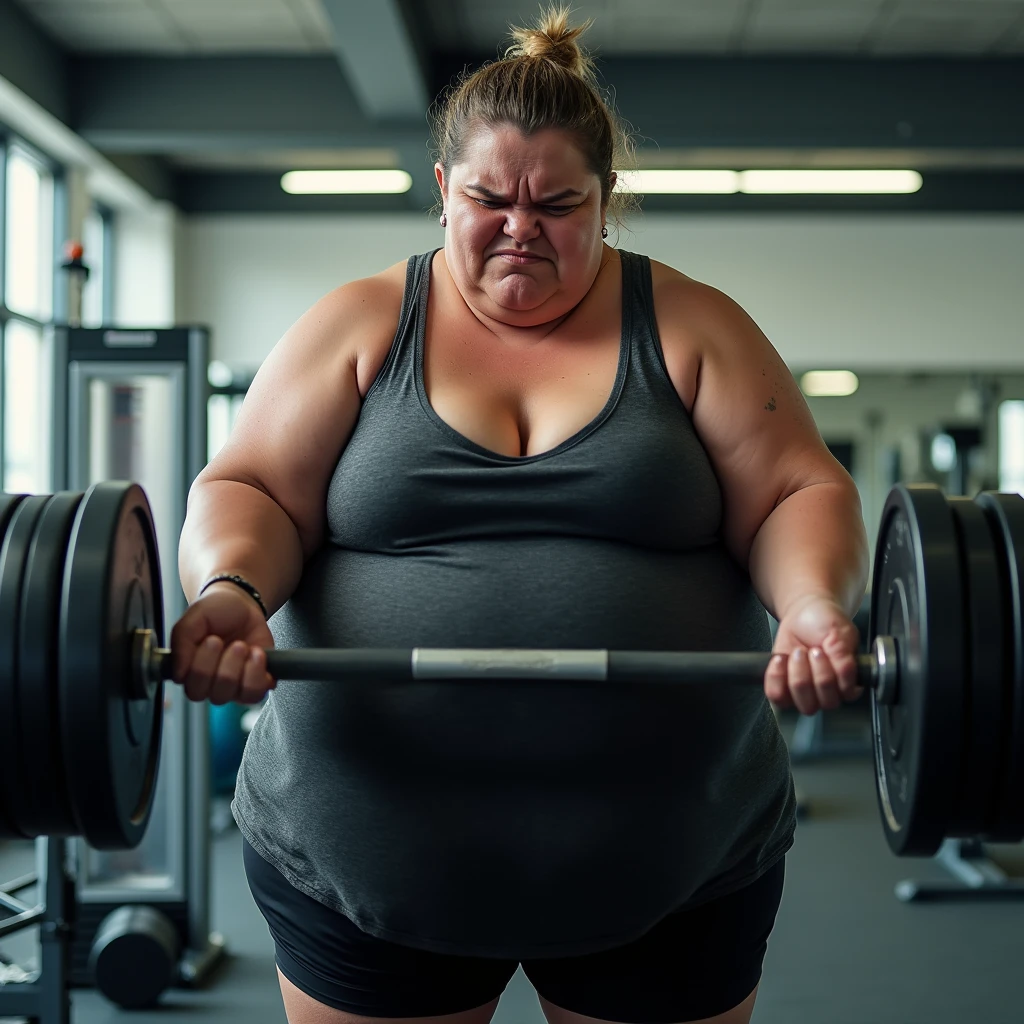 create an image of an obese woman angry about being in the gym working out and lifting weights
