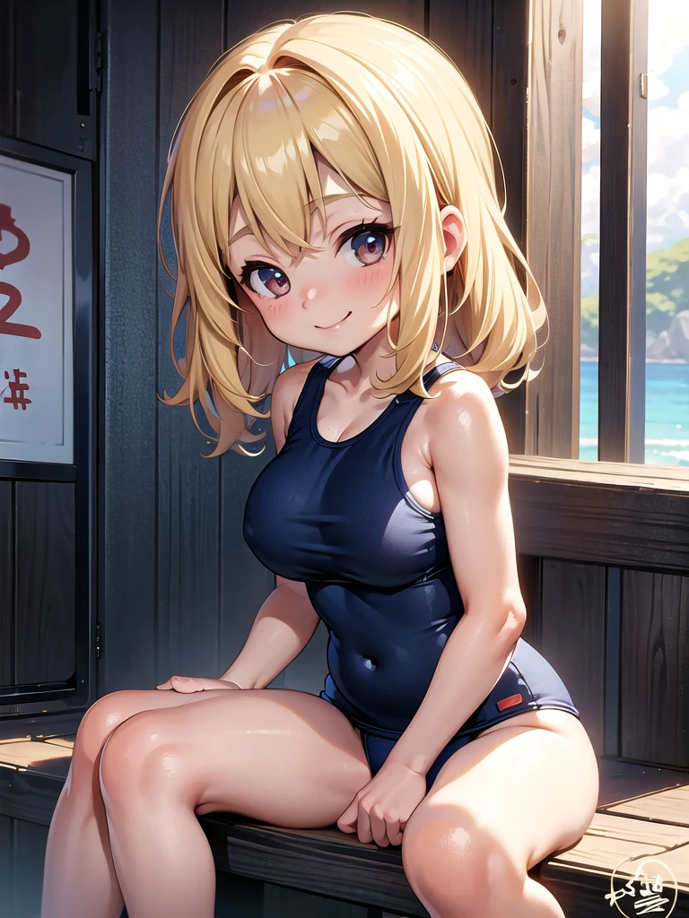 master piece,detailed,(((best quality))), ((((li)))),(((cute))), ((petite)),(((big breasts))),smile,sitting,upper body,blonde hair,breasts focus,(navy school swimsuit)