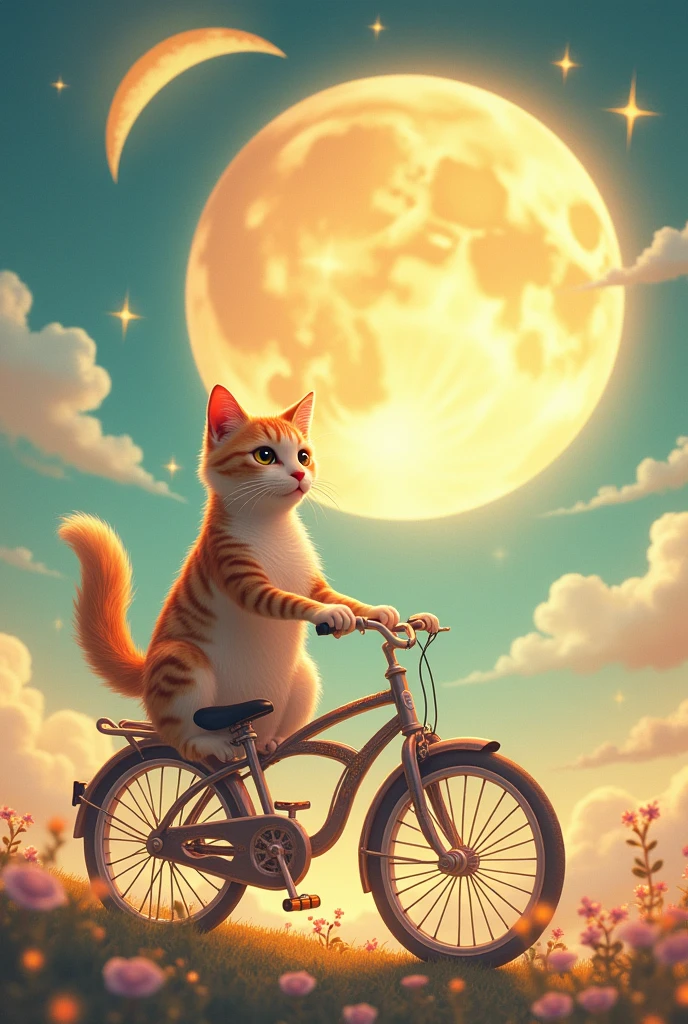 the moon next to the sun, a cat on a bicycle, gato raza Ranngdan