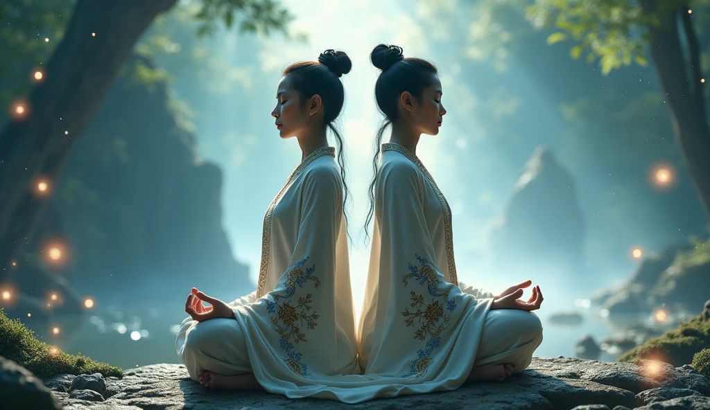 2 Asians standing sideways in astral nature background and meditating in beautiful meditation outfit