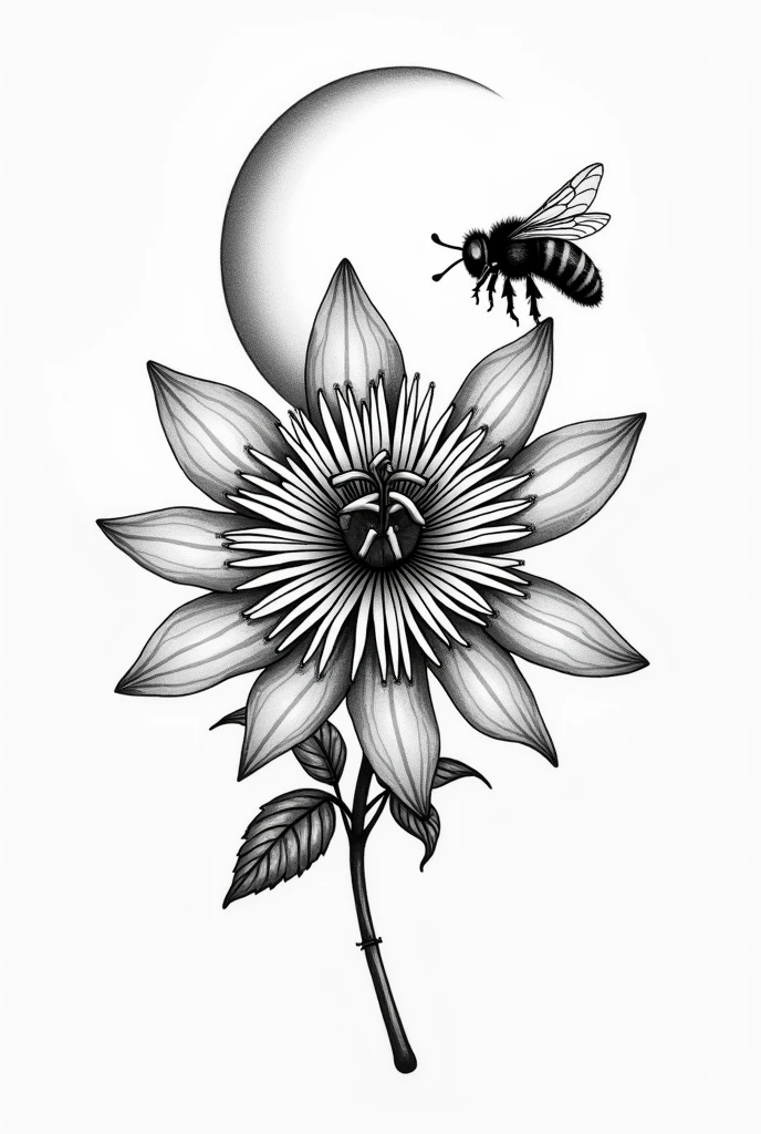 Traditional black and white tattoo of a passion fruit flower with a bee perched on one of its petals and a thin moon behind it.