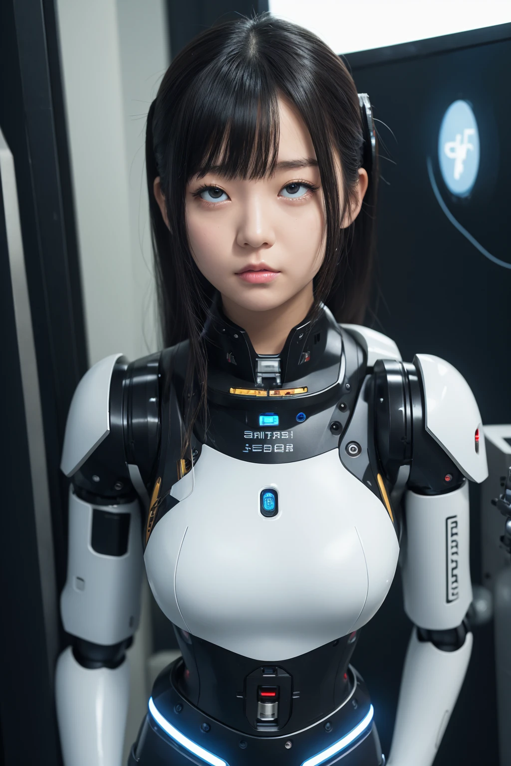 masterpiece, best quality, extremely detailed, Japaese android girl,portrait,Plump,a bit chubby,control panels,android,Droid,Mechanical Hand, Robot arms and legs, Black hair,Blunt bangs,perfect robot girl,long tube,thick cable connected her neck,android,robot,humanoid,cyborg,japanese cyborg girl ,robot-assembly plant,She is assembling now,assembly scene,rolling eyes,chest monitor