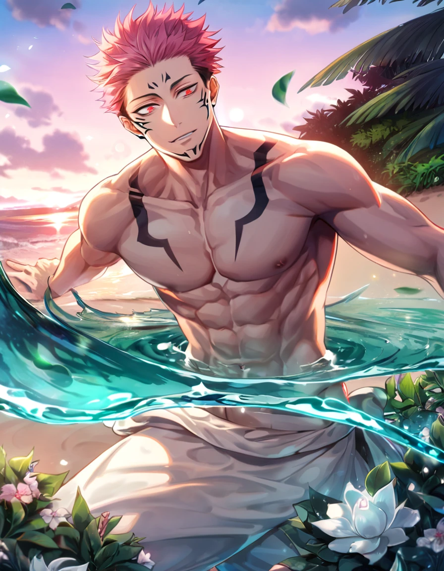 absurdres, highres, ultra detailed, HDR, master piece, Ryoumen Sukuna, pink hair, expressive red eyes, without shirt, Jujutsu Kaisen, toned chest, bare chest, sexy man, handsome, best quality, beach, fantasy, magical, solo, water, sensual, horny, green leaves, flowers, 