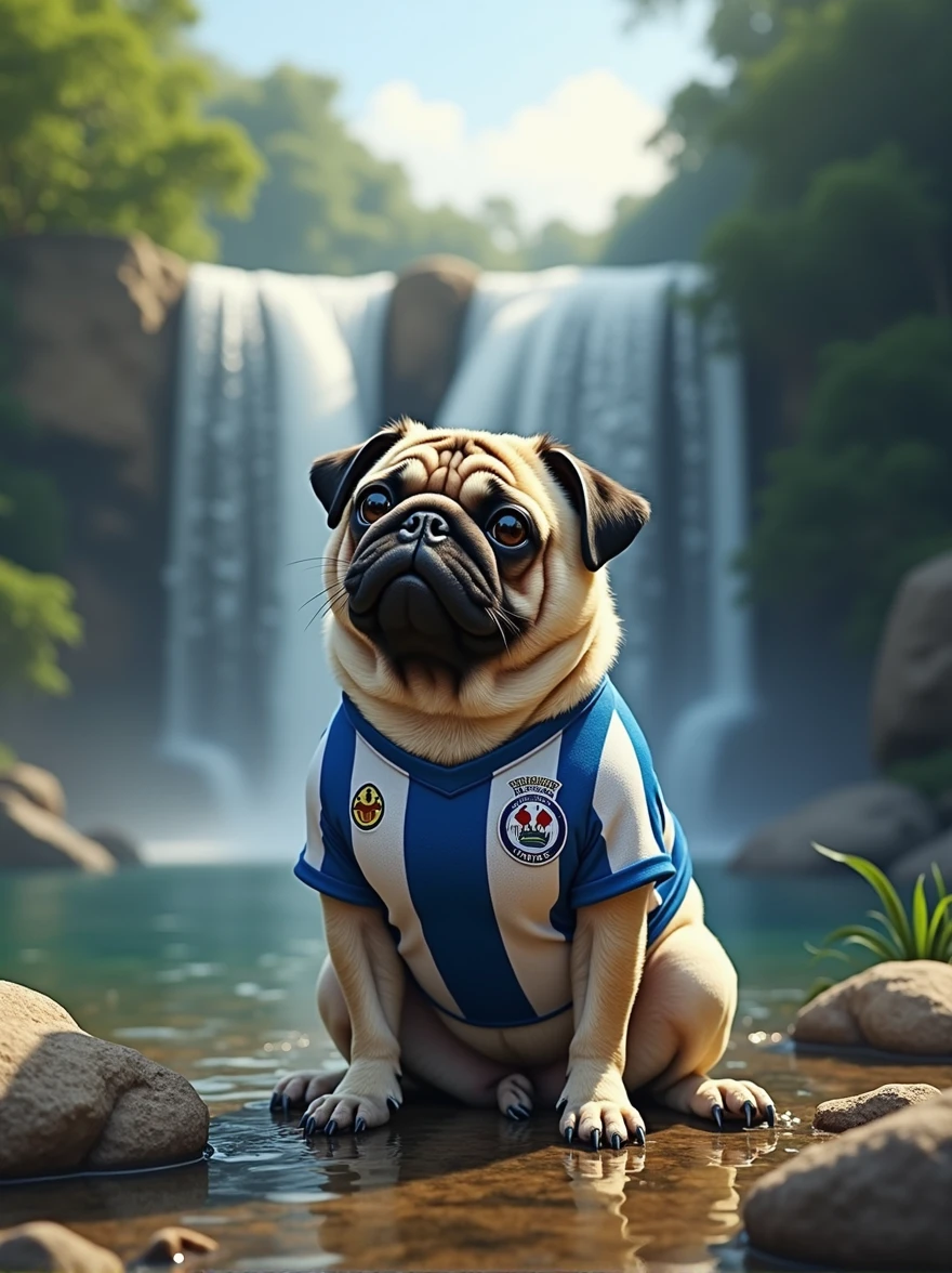 prompt: a landscape containing a waterfall, a pug dog dressed in the Fluminense shirt