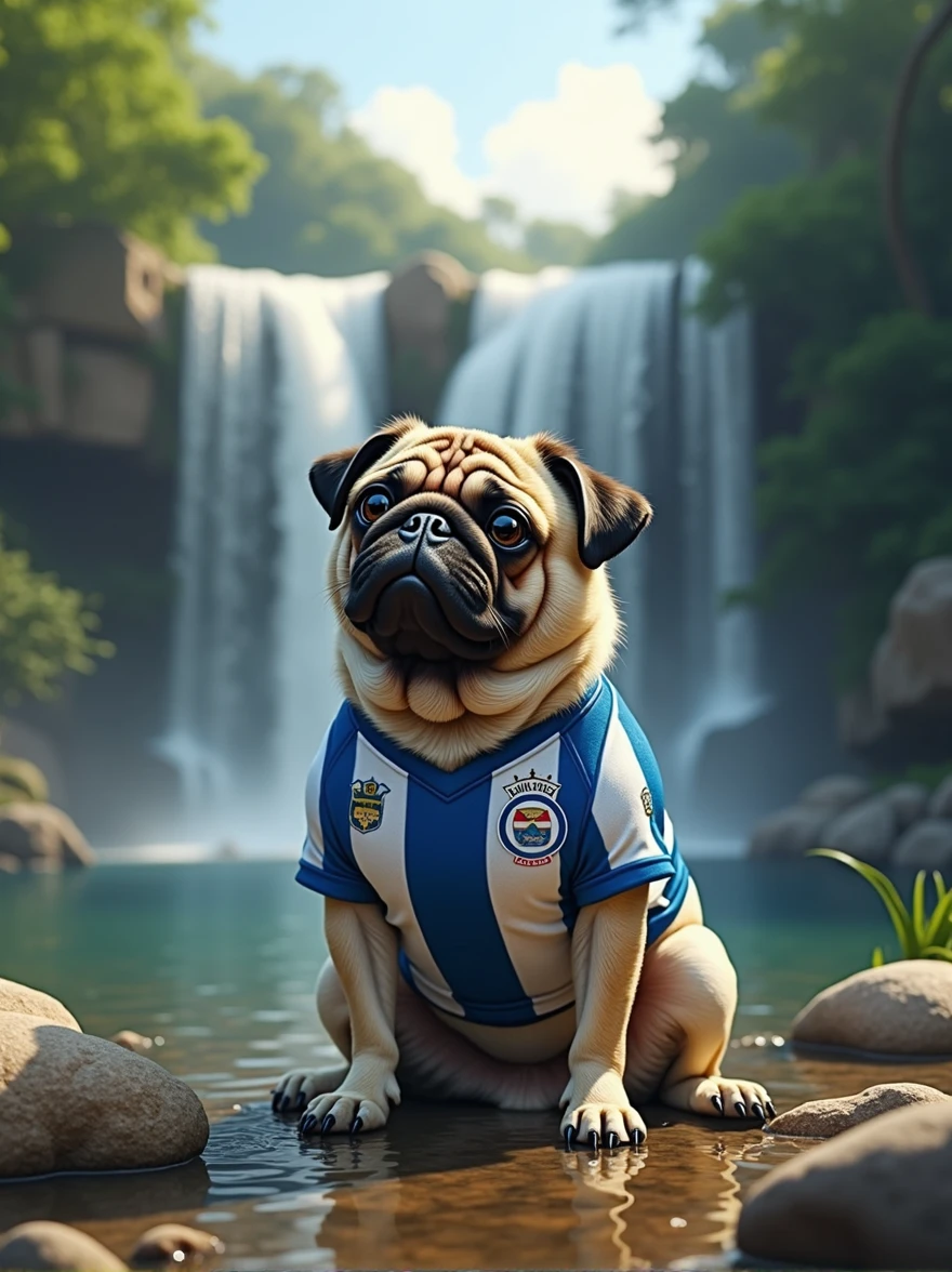 prompt: a landscape containing a waterfall, a pug dog dressed in the Fluminense shirt