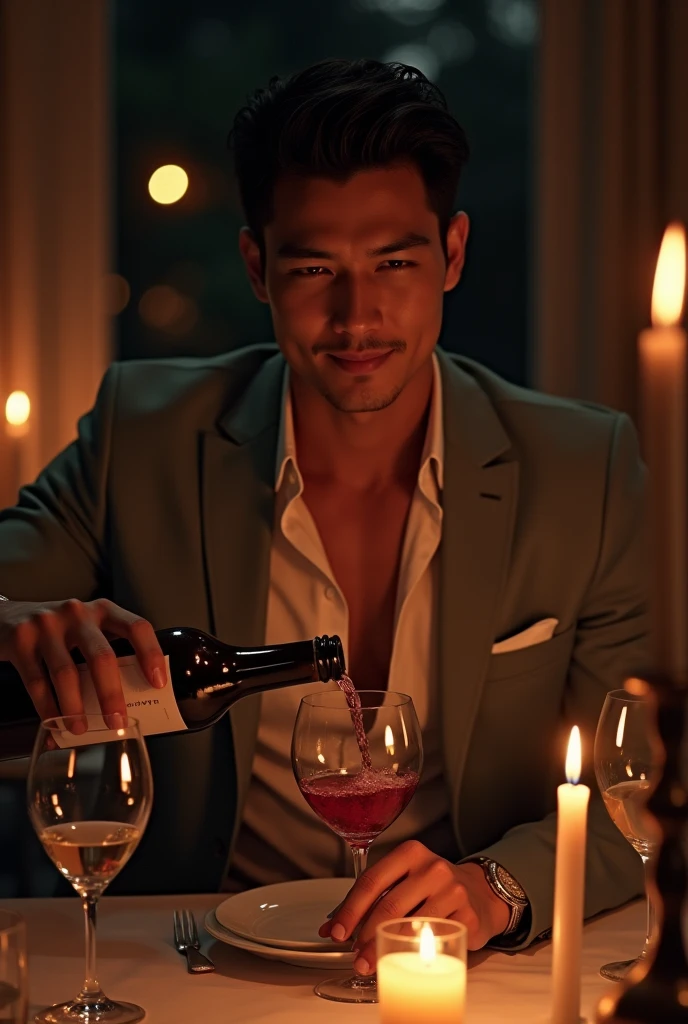 photorealistic, best quality, masterpiece, extremely detailed, sexy, homoerotic, extremely handsome, 30 year old filipino man, very muscular build, big smile, stylish attire, pours wine from a bottle into wine glass, candlelit dinner for two, in dining room, at midnight, dramatic shadows, extremely romantic atmosphere, perfect face, perfect fingers, perfect hands, perfection