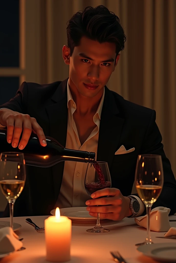photorealistic, best quality, masterpiece, extremely detailed, sexy, homoerotic, extremely handsome, 30 year old filipino man, very muscular build, big smile, stylish attire, pours wine from a bottle into wine glass, candlelit dinner for two, in dining room, at midnight, dramatic shadows, extremely romantic atmosphere, perfect face, perfect fingers, perfect hands, perfection
