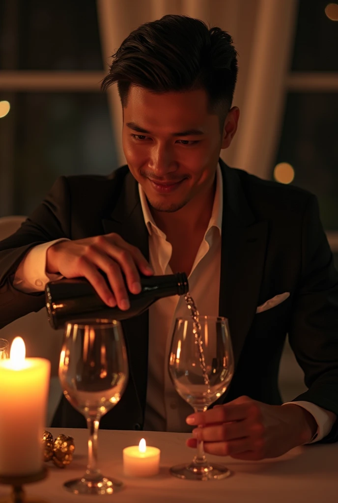 photorealistic, best quality, masterpiece, extremely detailed, sexy, homoerotic, extremely handsome, 30 year old filipino man, very muscular build, big smile, stylish attire, pours wine from a bottle into wine glass, candlelit dinner for two, in dining room, at midnight, dramatic shadows, extremely romantic atmosphere, perfect face, perfect fingers, perfect hands, perfection