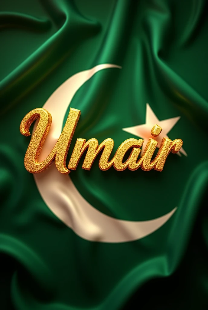 Umair name in golden colour with pakistan flag for independence day