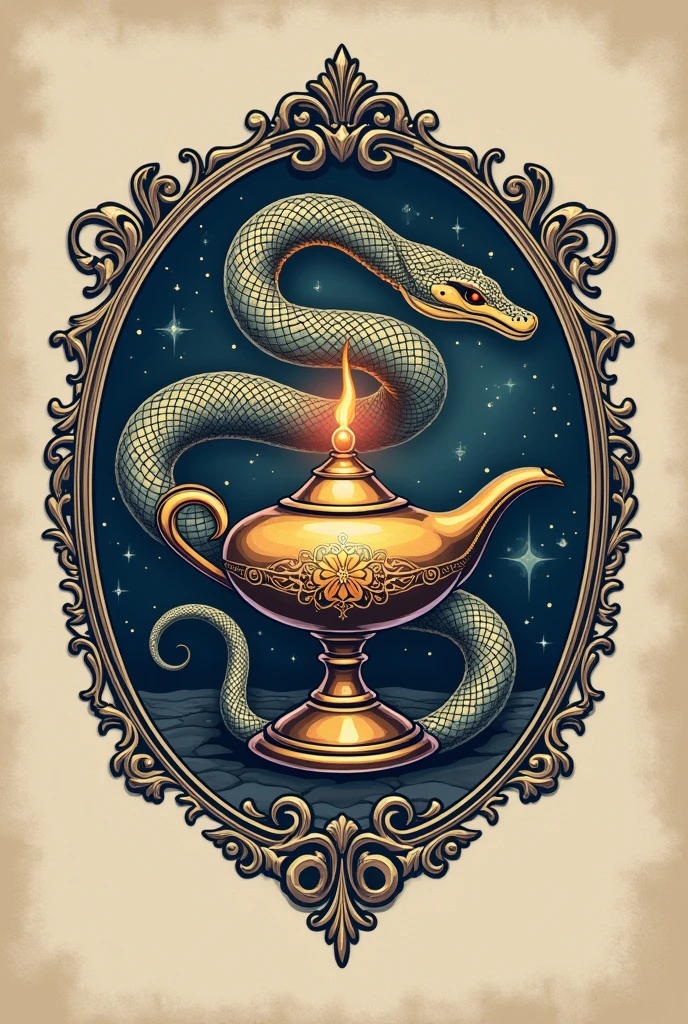 Now use this last image you made as a print for a shirt that only goes halfway down the shirt and only on the left side., The shirt's print must be a nursing course emblem, which is a cobra wrapped around a magic lamp., on a t-shirt print