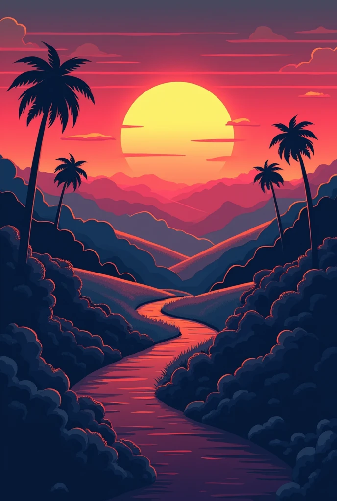 Retro style logo: A landscape with retro elements, sunset, like an arcade or pixel art font, combined with a futuristic style, 90's,  This would convey a nostalgic feel to classic games.