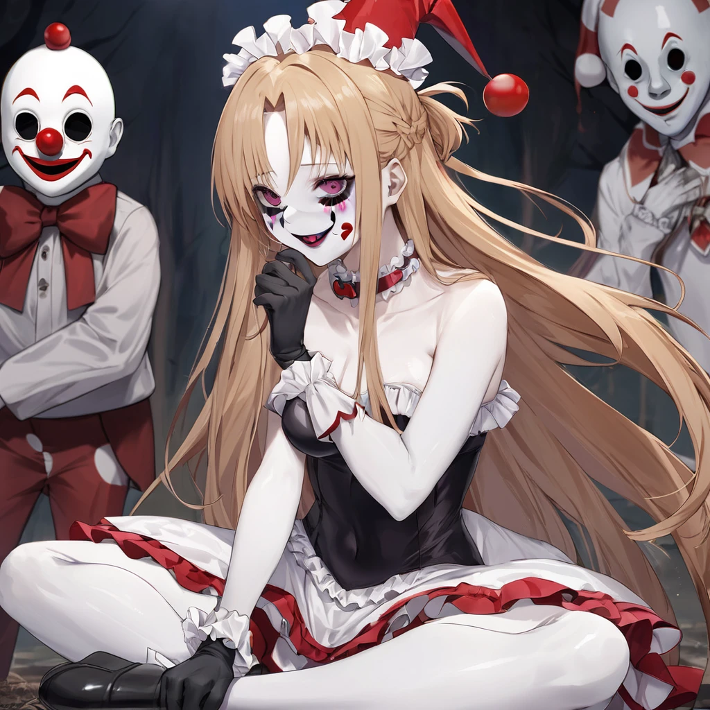 ((Highest quality)), ((masterpiece)), (detailed), (Perfect Face)、((The woman is Yuuki Asuna, with light brown, medium-long hair, pure white skin, and a creepy clown mask.))、The woman is a creepy, evil clown wearing a risqué black rubber V-neck leotard outfit, long black rubber boots, long black rubber gloves, lots of frills and clown decorations, a clown collar, a clown jester hat, a swallowtail skirt, and creepy clown makeup on her face and a red nose.、The woman is a creepy, evil, lewd clown who is a minion of an evil organization.、The Pierrot leader made the woman his own, and as his Pierrot wife, her love and loyalty was engraved into his soul forever.、The woman is the wife of a destined clown couple who are spiritually bound to the head clown.