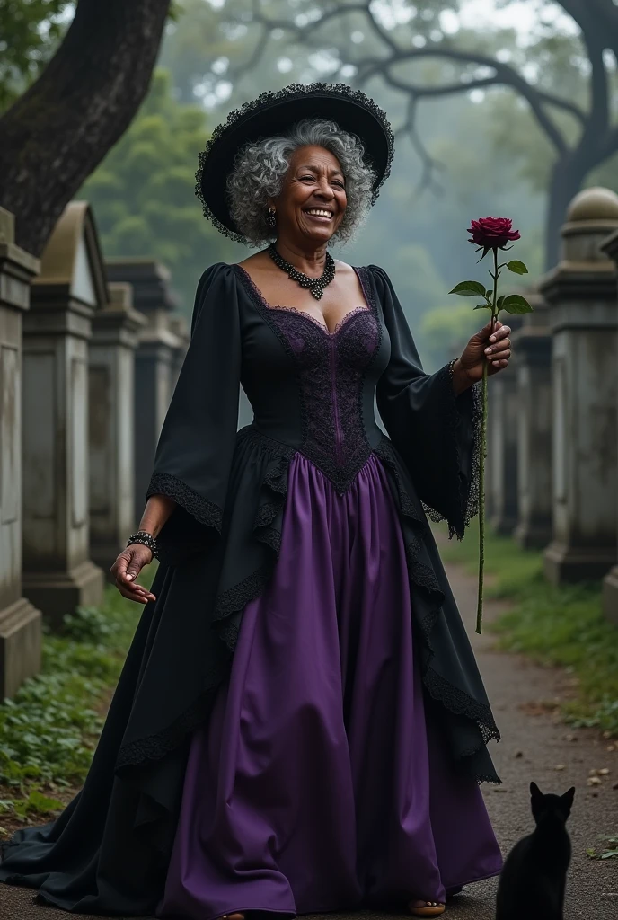 An old black Brazilian woman, Laughing. Curly hair with a lace funeral hat in a cemetery wearing purple and black period dress. With a black cat and a black rose.