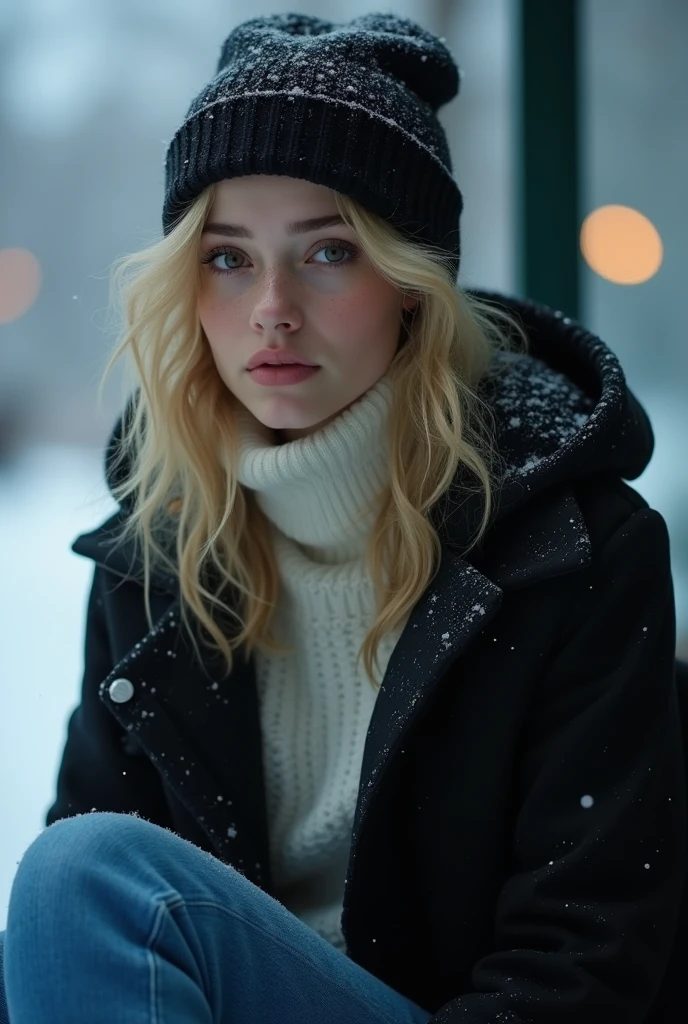Masterpeace, A beautiful young woman in love, 22 years old, beautiful face, blonde, long wavy hair, blue eyes, white turtleneck sweater, blue jeans underneath, black winter hat on her head,Black hooded coat, it is cold and her face is cold, she is thoughtful and sad, crying, snowly, she is waiting at the bus stop for her lover whom she is about to break up with, She looks tearfully into the camera, sitting, Shooting from below