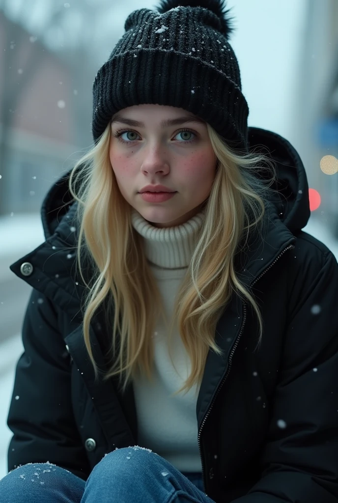 Masterpeace, A beautiful young woman in love, 22 years old, beautiful face, blonde, long wavy hair, blue eyes, white turtleneck sweater, blue jeans underneath, black winter hat on her head,Black hooded coat, it is cold and her face is cold, she is thoughtful and sad, crying, snowly, she is waiting at the bus stop for her lover whom she is about to break up with, She looks tearfully into the camera, sitting, Shooting from below