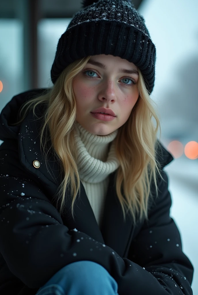 Masterpeace, A beautiful young woman in love, 22 years old, beautiful face, blonde, long wavy hair, blue eyes, white turtleneck sweater, blue jeans underneath, black winter hat on her head,Black hooded coat, it is cold and her face is cold, she is thoughtful and sad, crying, snowly, she is waiting at the bus stop for her lover whom she is about to break up with, She looks tearfully into the camera, sitting, Shooting from below
