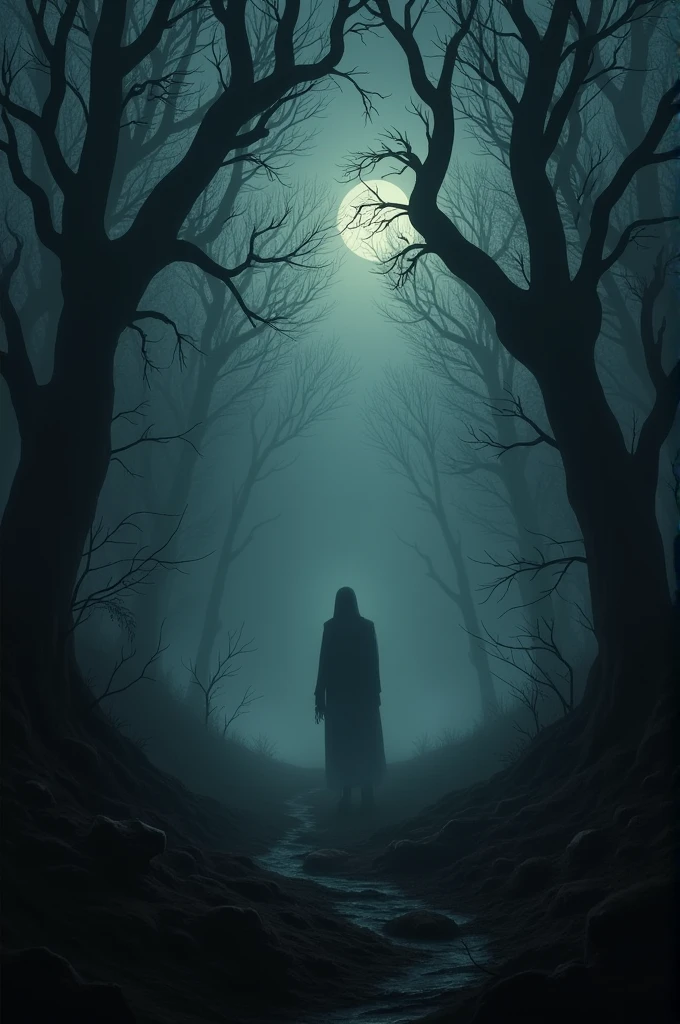 Scenario:** A dark and foggy forest at night, with twisted trees and an oppressive atmosphere.