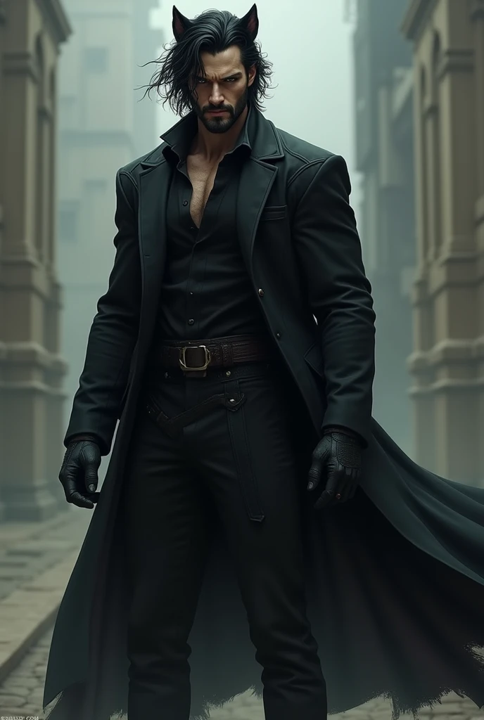 A tall man, with an imposing and muscular posture. His eyes are dark and piercing, always observing with attention and intensity, as if you could see what's inside. your hair is black, slightly messy, falling over the forehead in a natural way. He doesn't have a beard, which further highlights his strong, defined features.One of his ears has a feline feature, a trait that reflects their instinctive and protective nature. Noir always wears a long black coat that moves gently in the wind., accentuating its mysterious and dominant air. He is the embodiment of power and mystery, always maintaining an aura of control and authority.