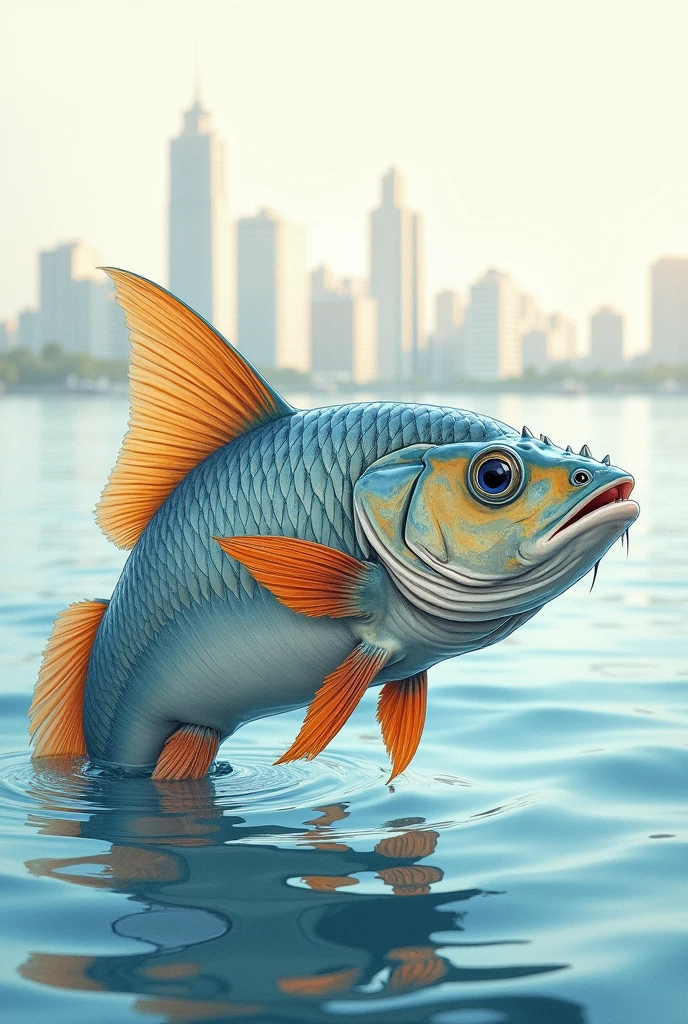DRAWING of a baby fish with a rhomboidal body compressed laterally and thickened in the middle of the body, high and compressed collar, protactile mouth, and fine teeth, It is silver with very reflective scales and a more vivid orange caudal fin COMING OUT OF THE WATER A LITTLE LOOKING TOWARDS CIUDAD BOLIVAR IN BOLIVAR STATE