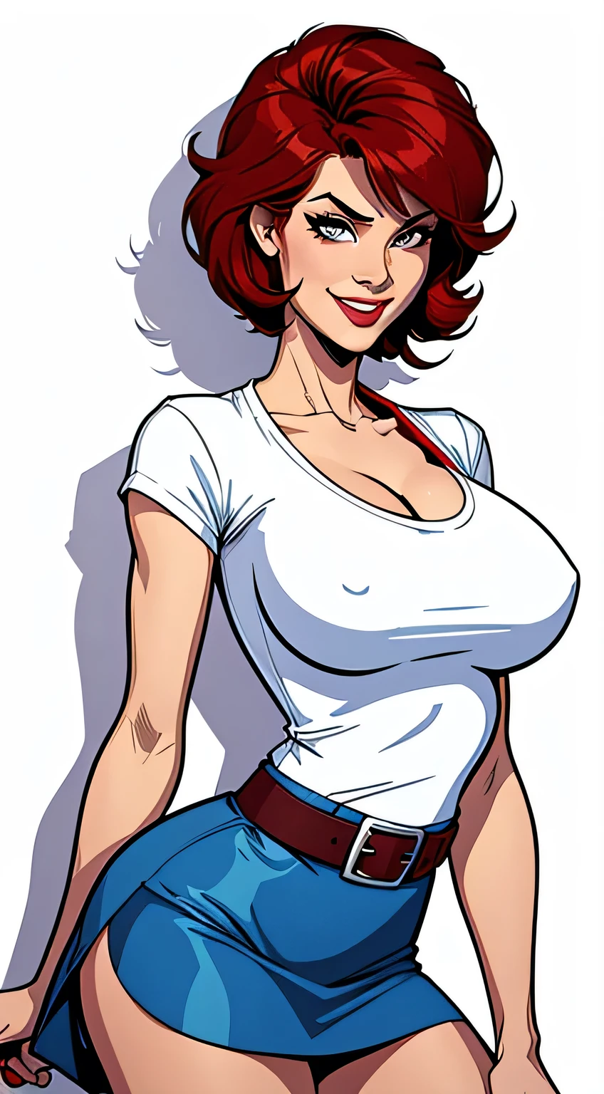 Thin woman, beautiful smiling, seducing gaze, red v-neck t-shirt, black belt on mid-length blue skirt, white peel split no color, Short red hair (80’s), eyes browns, busty. comic style, white background.