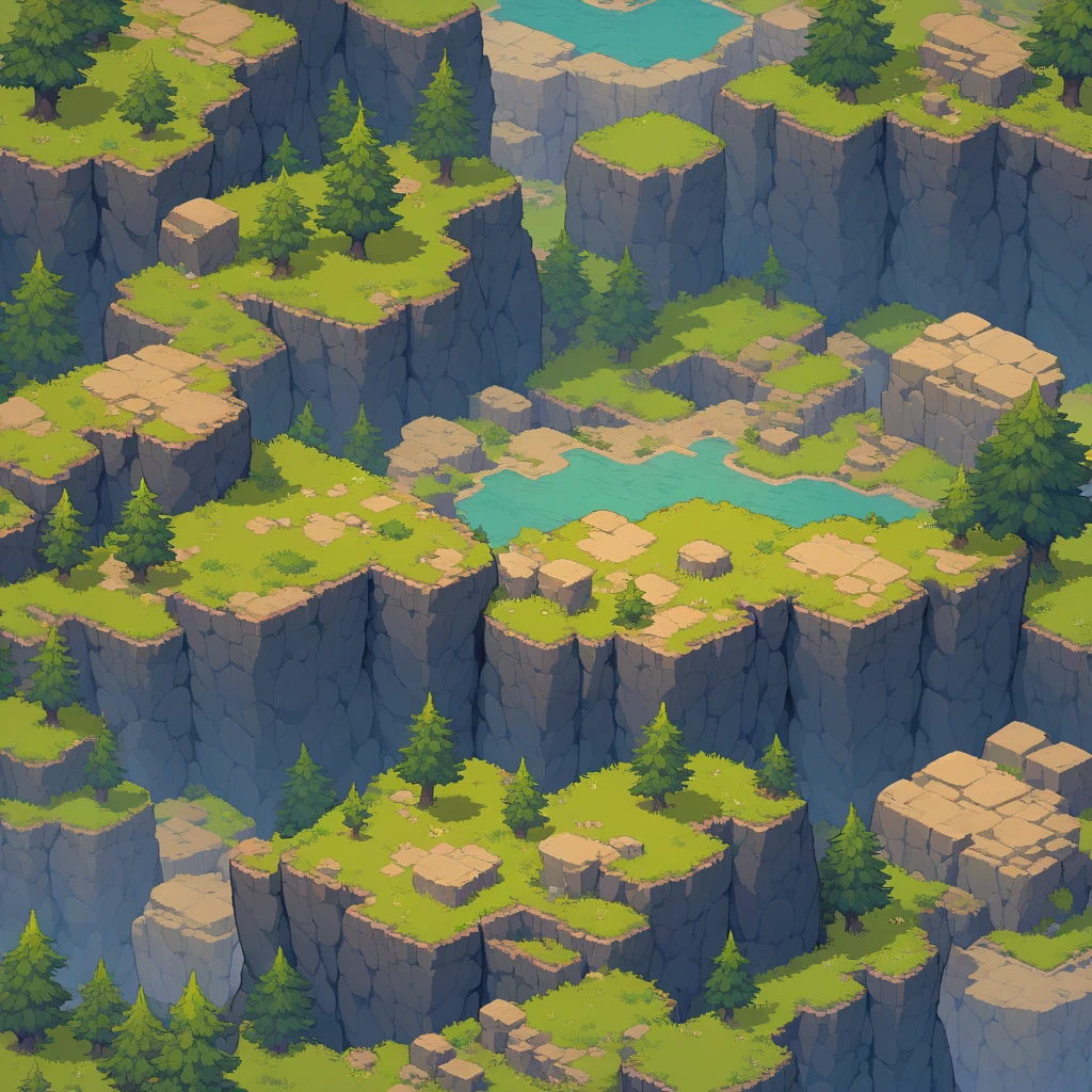 Retro video game style, pixelated, vibrant colors, 8-bit characters, blocky shapes, sharp lines, detailed shading, classic gaming vibe, nostalgic atmosphere, classic arcade games. Masterpiece:1.2, ultra-detailed, illustration style. 2D texture, stone texture, 4K seamless mud texture, video game texture, dirt texture. Game tiles, grass, 3/4th perspective trees, 3/4th perspective tileable rock texture, 3/4th perspective tileable cliff formations, tileable trees, top-down view, tileable texture. Very detailed cliff texture, intricate stones.
Mountain Terrain: Diverse mountain shapes and elevations, including peaks, ridges, and valleys.
Texture Detail: High resolution with intricate details like rocky surfaces, crags, and natural erosion patterns.
Seamless Pattern: Ensure that the edges of the tile seamlessly align with adjacent tiles to create a continuous and coherent mountain range when repeated