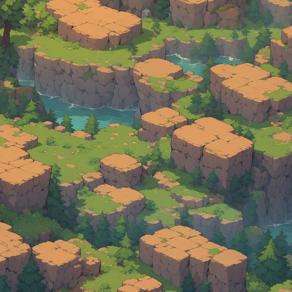 Retro video game style, pixelated, vibrant colors, 8-bit characters, blocky shapes, sharp lines, detailed shading, classic gaming vibe, nostalgic atmosphere, classic arcade games. Masterpiece:1.2, ultra-detailed, illustration style. 2D texture, stone texture, 4K seamless mud texture, video game texture, dirt texture. Game tiles, grass, 3/4th perspective trees, 3/4th perspective tileable rock texture, 3/4th perspective tileable cliff formations, tileable trees, top-down view, tileable texture. Very detailed cliff texture, intricate stones.
Mountain Terrain: Diverse mountain shapes and elevations, including peaks, ridges, and valleys.
Texture Detail: High resolution with intricate details like rocky surfaces, crags, and natural erosion patterns.
Seamless Pattern: Ensure that the edges of the tile seamlessly align with adjacent tiles to create a continuous and coherent mountain range when repeated