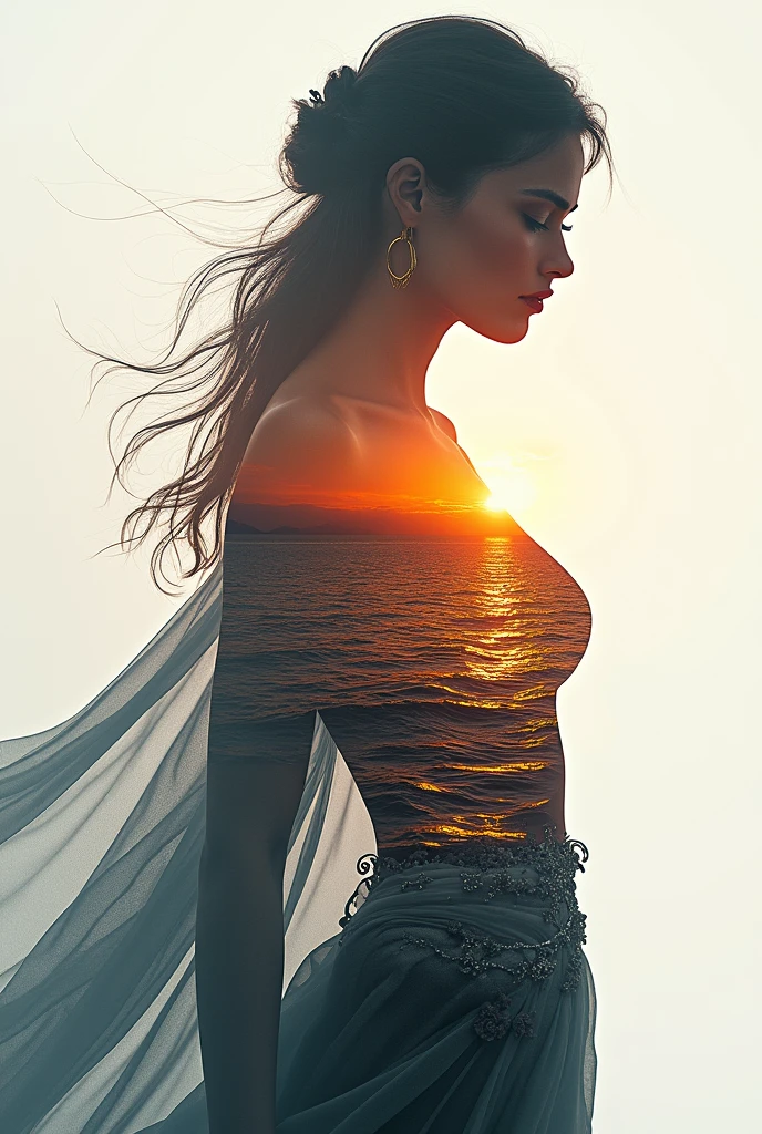 high qualiy, 8k Ultra HD, Uma linda Double exposure que combina uma silhueta de deusa com costa ao pôr do sol, the coast at sunset should serve as a backdrop, with its details incorporated into the goddess, Sharp lines, The background is monochromatic, sharp focus, Double exposure, By Yukisakura, stunning full colors.