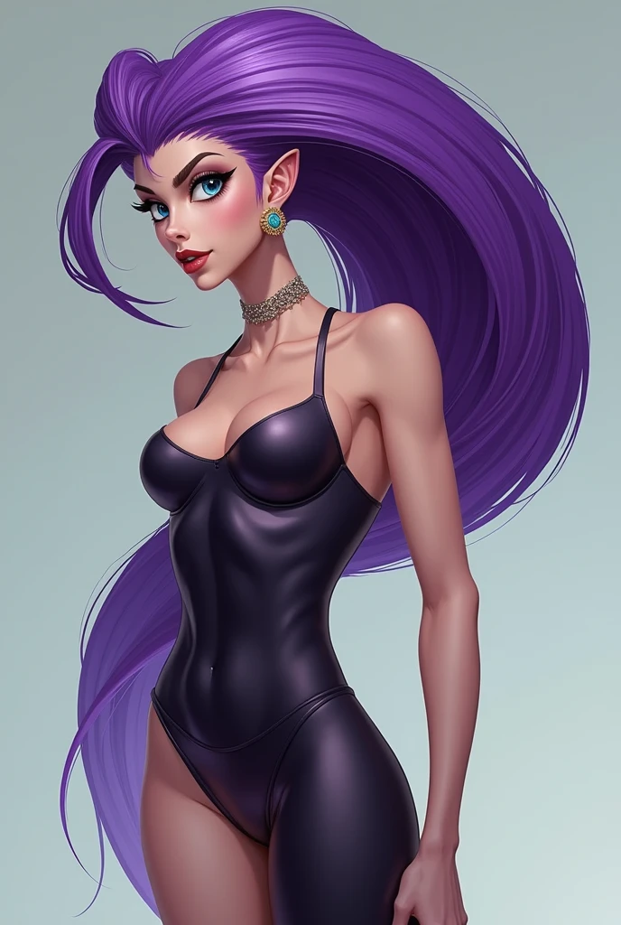 essie is known for her long purple hair, that curve back into a sleek, exaggerated hairstyle. She has large eyes with blue-green irises., and his expression reflects arrogance and determination. With clear and smooth skin,  She has a slim and tall figure, with a confident posture that matches her slim, athletic figure.