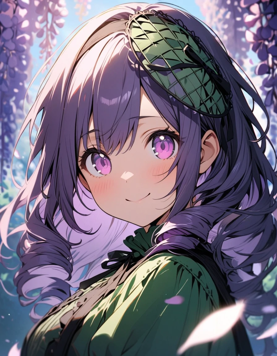 1 girl,solo,16yo,amazing quality, aesthetic, aesthetic,ultra-detailed face,detailed eyes,round eyes, tareme,pink eyes,BREAK,Green fascinator,Green Lolita fashion,BREAK,Purple Hair,drill hair,depth of field,wisteria trellis,blue sky,(petals:1.3),upper body,smile,Looking at viewer,rim light,masterpiece,8K,top quality, highly detailed illustration