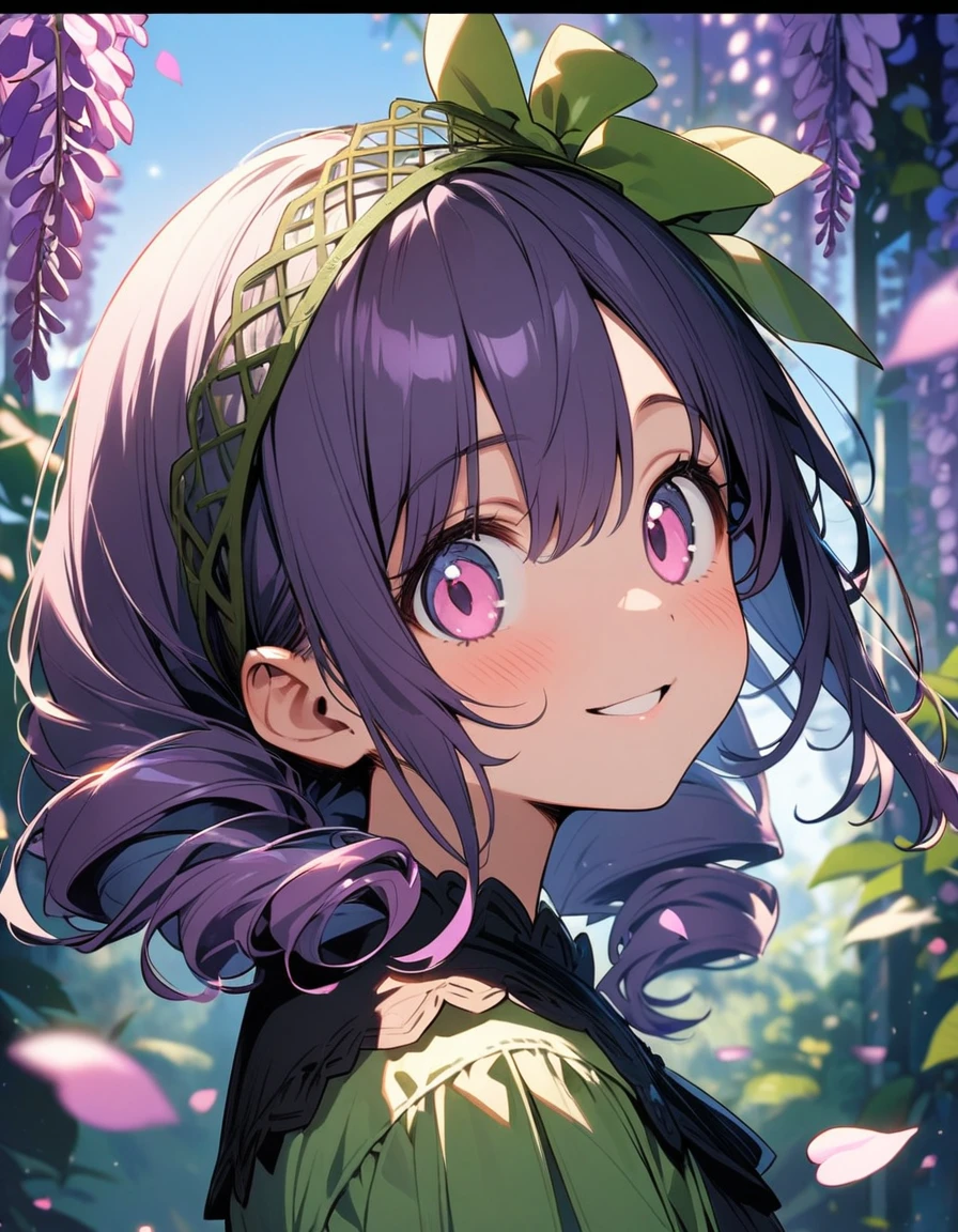 1 girl,solo,16yo,amazing quality, aesthetic, aesthetic,ultra-detailed face,detailed eyes,round eyes, tareme,pink eyes,BREAK,Green fascinator,Green Lolita fashion,BREAK,Purple Hair,drill hair,depth of field,wisteria trellis,blue sky,(petals:1.3),upper body,smile,Looking at viewer,rim light,masterpiece,8K,top quality, highly detailed illustration