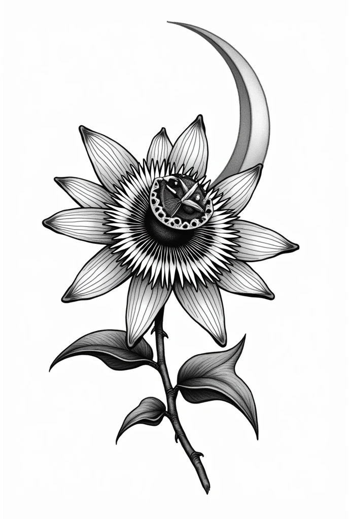 Black and white tattoo of a passion fruit flower with a bee perched on one of its petals and a thin moon behind it