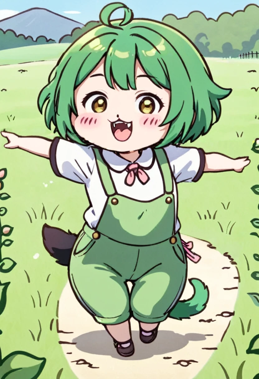 ((((tkw)))), (zndmn), solo, Full body shot, (chibi), green hair, short hair, smile, outdoors, field, A hair tail secured with a pink hair tie, White short-sleeved blouse, green suspenders attached to green short half pants, A very short pink ribbon tie adorned with a single soybean, soybean-shaped ear accessory, (Two heads tall)