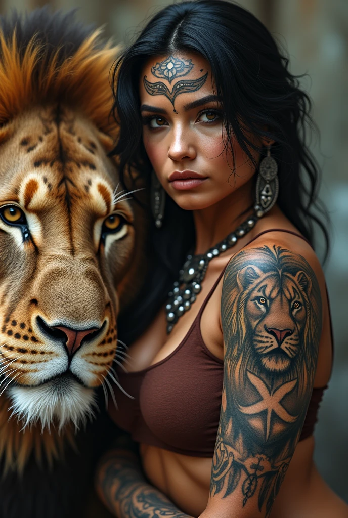 American woman with lion and Chicano tattoos on her face The lion is real
