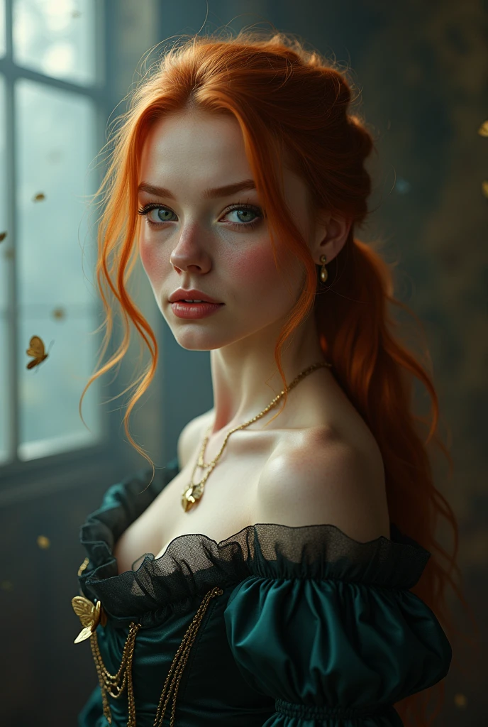 (solo, full body photo:1.3), (action packed:1.3), (haze, fog, mist:1.3), chiaroscuro, best quality, photorealistic, 1woman, (cute), (24yo:1.2), redhead, long ginger hair highly detailed, 1700'S, digital photography, art by artgerm and ruan jia and greg rutkowski surreal painting gold butterfly filigree, broken glass, (masterpiece, sidelighting, finely detailed Fashionable eyes: 1.2) (perfect oval large eyes that gazes at the viewer), beautiful detailed face, blue gorgeous perfect eyes, (blonde hair ponytail), (attractive young woman:1.3), (thick amazing hair), (seductive:1.1), (blushing:1.1)