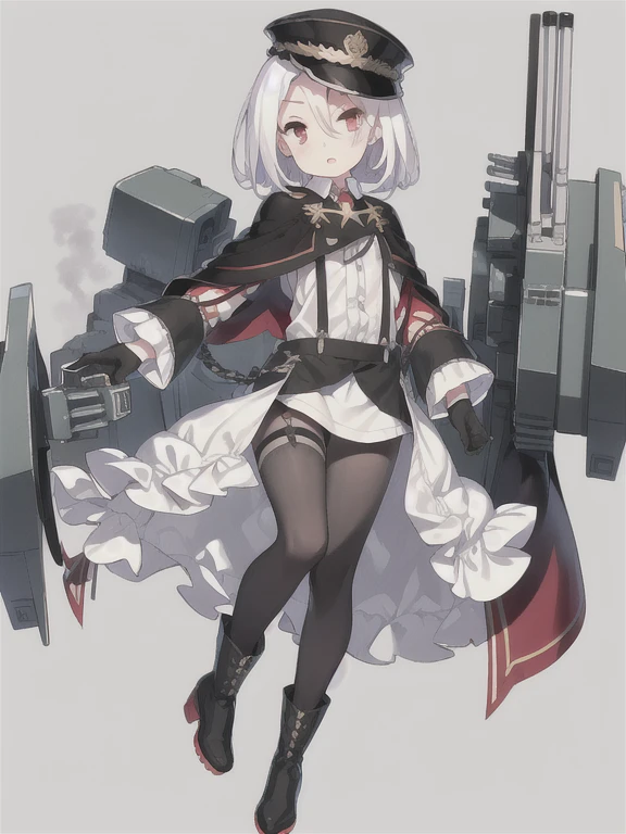 Vittorio_Veneto \(warship girls r\),((masterpiece)),(((best quality))),((ultra-detailed)),((illustration)),((disheveled hair)),((frills)),(1 girl),(solo),1girl,aiguillette,bangs,black footwear,black gloves,black headwear,black skirt,blush,boots,cannon,cape,collared shirt,dress shirt,full body,gloves,gradient,hat,holding,iron cross,jacket,short hair,long sleeves,looking at viewer,machinery,open mouth,peaked cap,red eyes,shirt,shoes,skirt,smile,solo,suspenders,turret,white hair,white shirt,