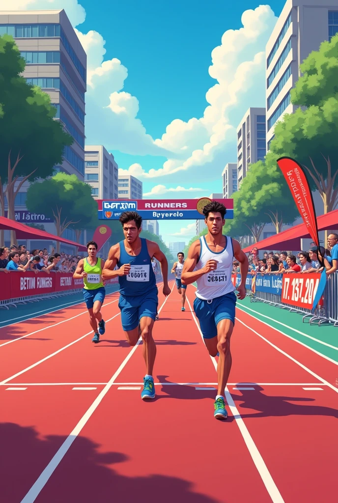 Race disclosure, running track, square, written sign "BETIM RUNNERS",  red and blue colors, city background, put date:17/11/24, written caption "square do encontro", athlete chest number, medal, trophy 