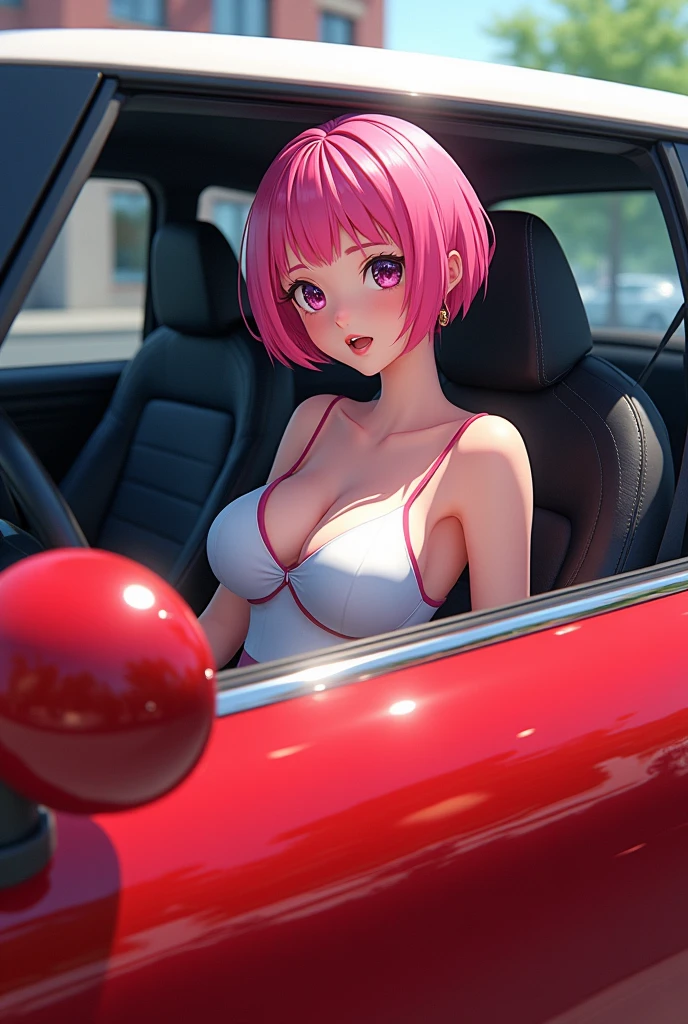 Short-haired anime girl with pink hair and big breasts in a red Mini Cooper S
