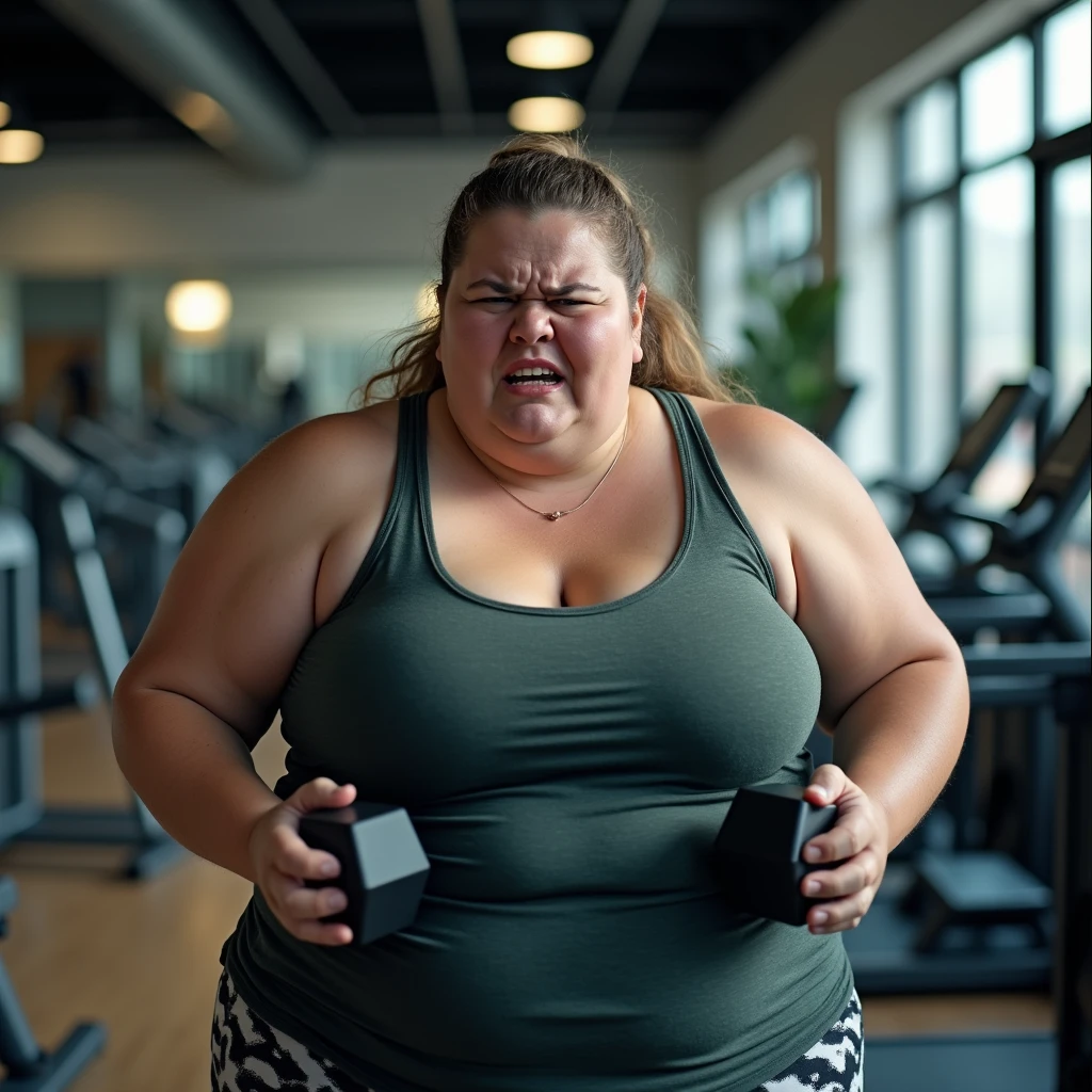 create an image of an obese woman angry about being in the gym working out using dumbbells