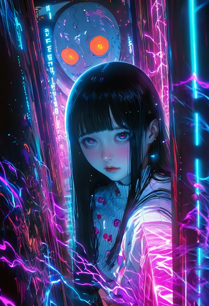 surreal horror, anime style, directed by Junji Ito, high contrast, vivid colors, eerie atmosphere, psychological tension, intricate line work, nightmarish creatures
