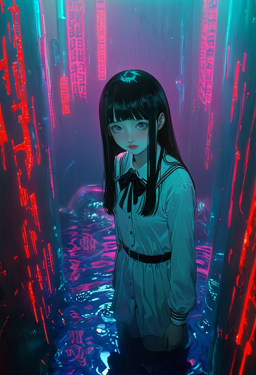 surreal horror, anime style, directed by Junji Ito, high contrast, vivid colors, eerie atmosphere, psychological tension, intricate line work, nightmarish creatures