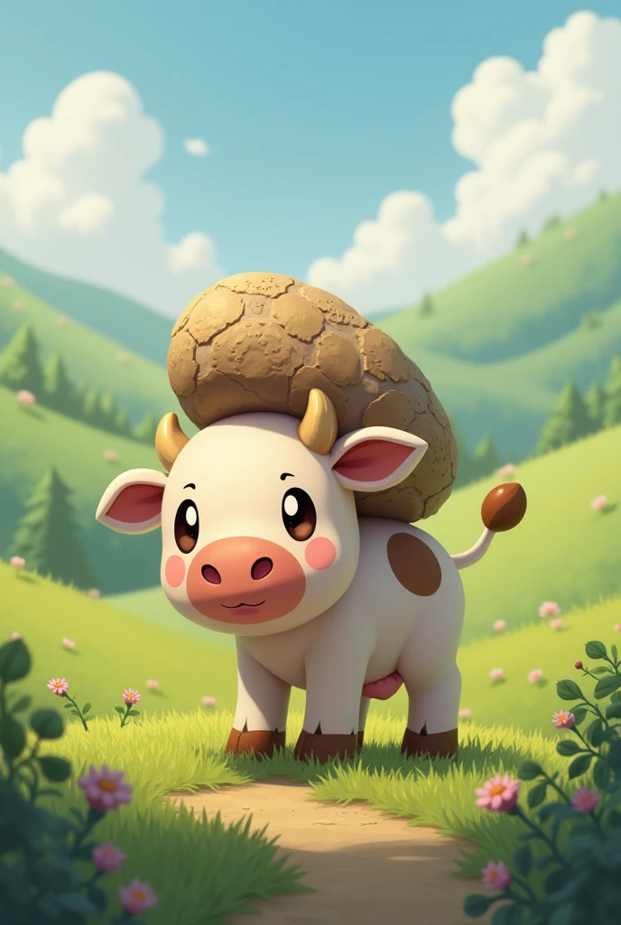 A baby cow carrying a small fossil on its back and its shape is Pokemon style