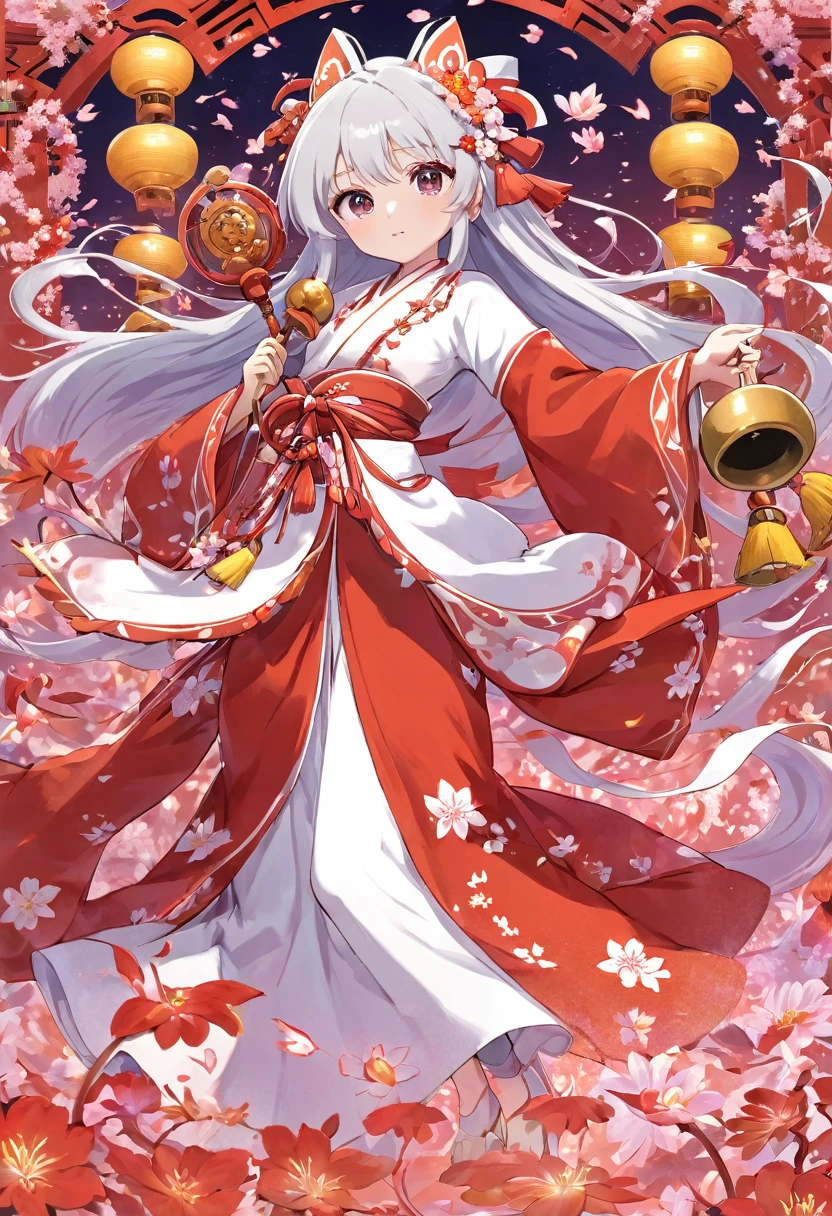 High definition、Miko costume、Half vermilion long silver hair、Full body portrait、beautiful girl、Long-hemmed outfit、Big iridescent eyes、Powerful eyes、Holding a shrine maiden bell, she dances Kagura dance、Playing with spirits、Flowers sprout from beneath your feet