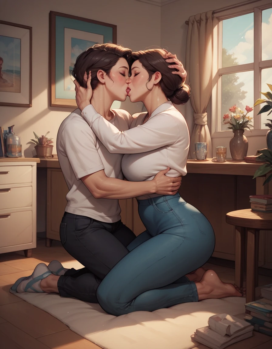 score_9, score_8_up, score_7_up, 1boy, 1girl, mature female, (mother and son), kid, hug, kiss, hand on head, kneeling, in a room